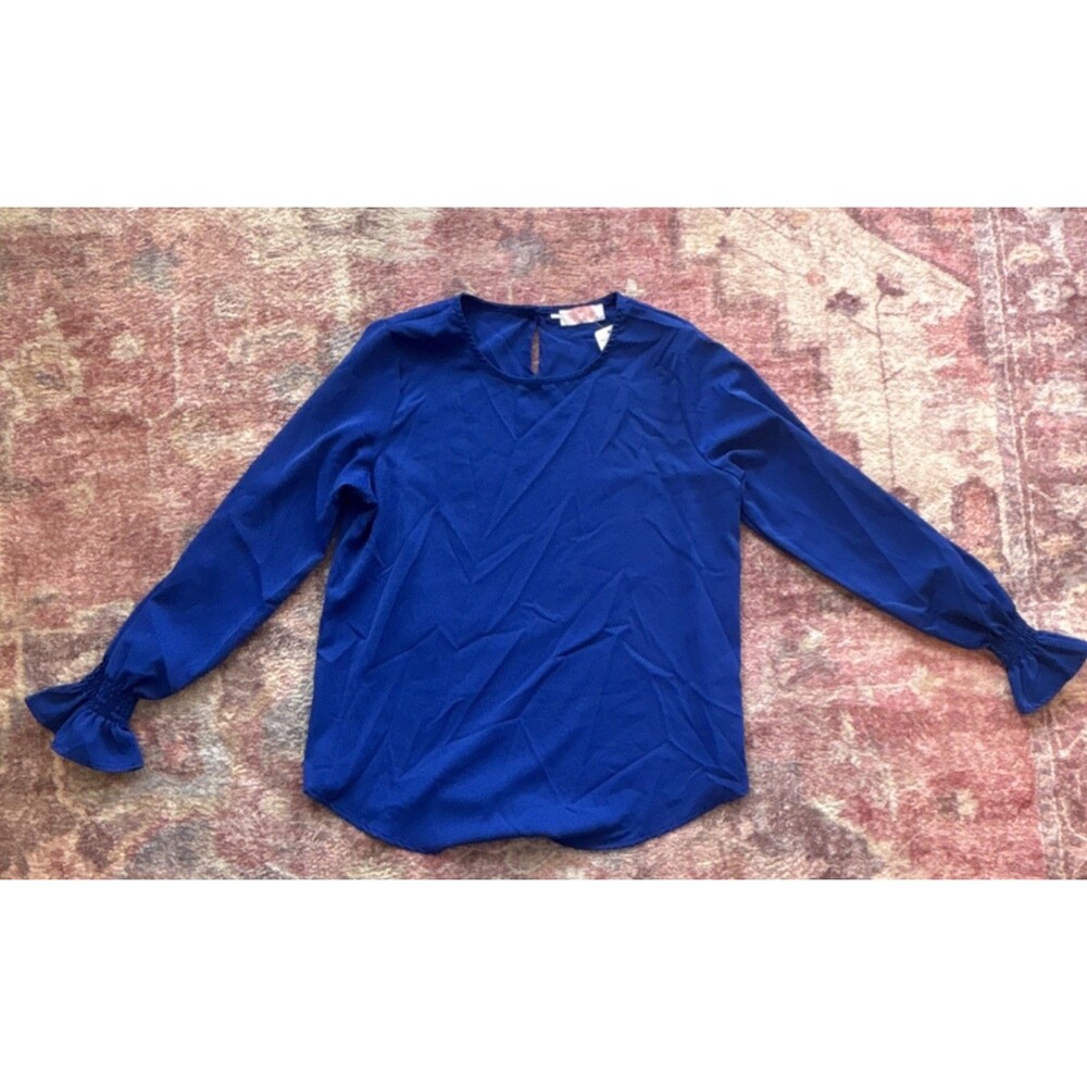 C+R+M Women's Blue Ruffle Sleeve Woven Blouse M Polyester Pullover Round Neck
